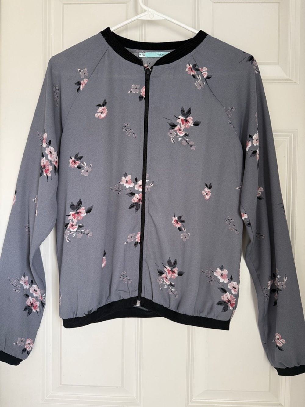 Maurices Womens Gray/Pink Floral Zip-Front Bomber Jacket